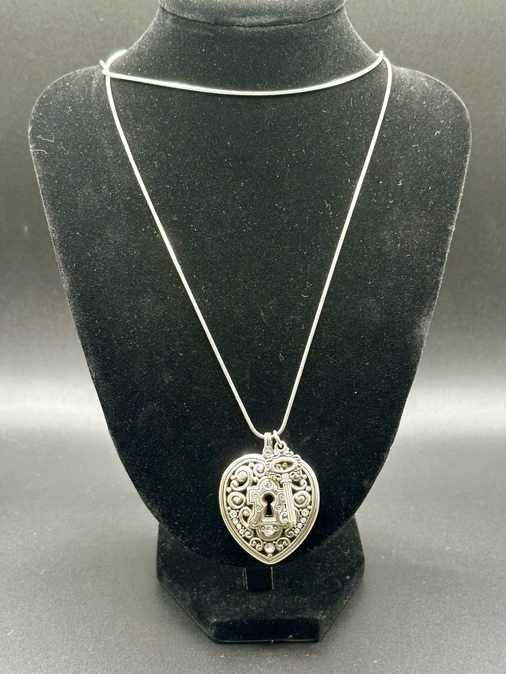 Retired Brighton Lock Heart and Key Reversible Pendant Necklace Silver Plate